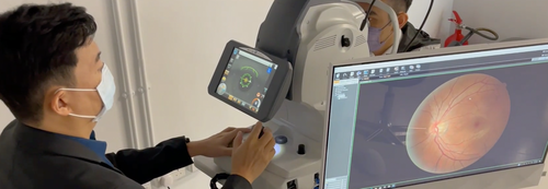 A computer-assisted eye exam in progress.