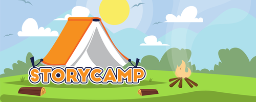 StoryCamp banner featuring a book being used as a tent.