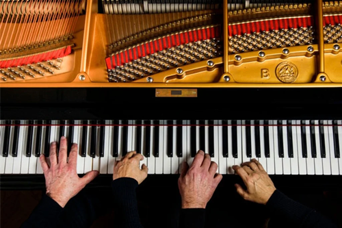 Two people play on a single piano.