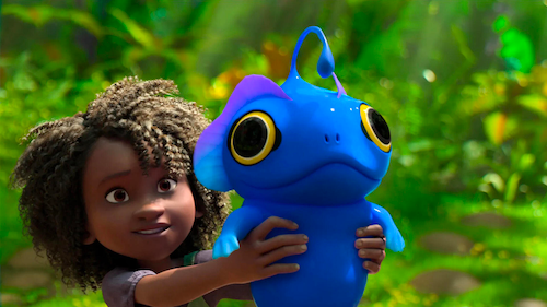 A screenshot from the animated film &quot;The Sea Beast.&quot; A child holds up a cute sea creature.