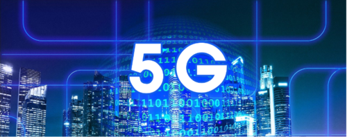 The phrase &quot;5G&quot; superimposed over a computerized background.