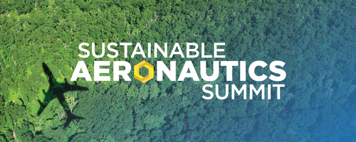 Sustainable Aeronautics Summit banner featuring the silhouette of a jetliner over a forest.