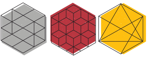 Three coloured hexagonal objects in grey, red and yellow.