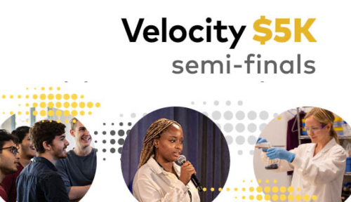 Velocity $5K banner featuring participants delivering pitches.