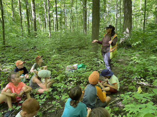Children and an EcoCamp leader in a forest setting.