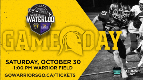 Waterloo Warriors Game Day banner showing a football player.