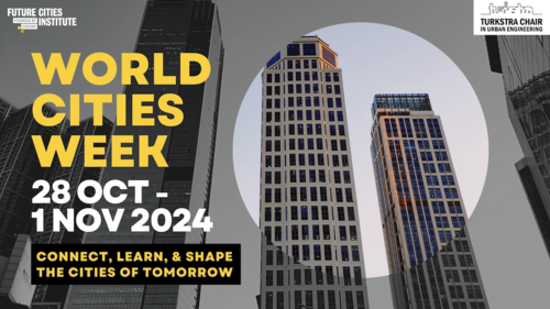 World Cities Week banner featuring art deco skyscrapers.