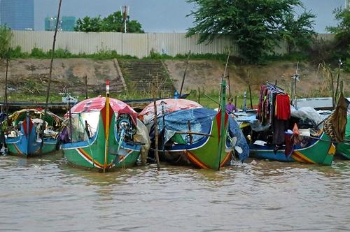 Boats lashed together in a fishing village in Phnom Penh.
