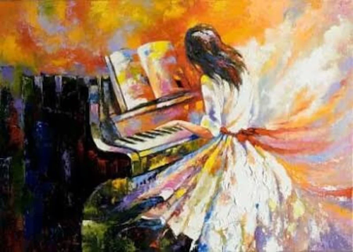 A painting of a woman playing piano in an Impressionistic style.