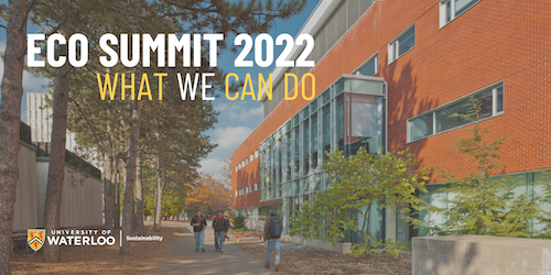 Eco Summit 2022 banner image featuring students walking on campus