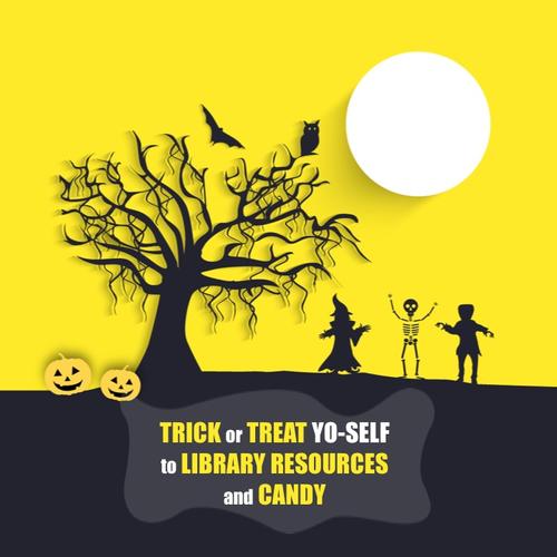 A spooky &quot;Trick or Treat Yo-Self&quot; banner featured silhouetted trees and kids in Halloween costumes.