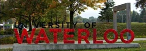 The University of Waterloo sign wrapped in red.
