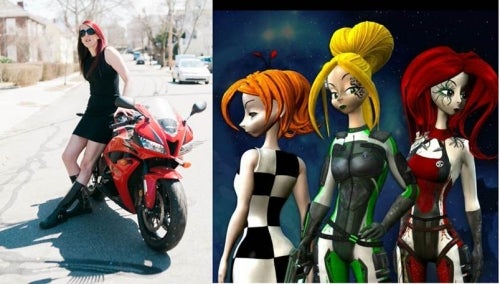 Brianna Wu leaning on a motorcycle next to an image of three female video game characters from &quot;Revolution 60&quot;.