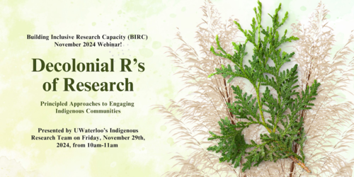 A &quot;Decolonial R's of Research&quot; banner featuring cedar branches.