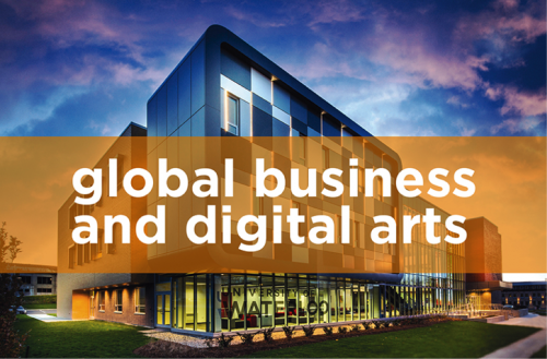 Global Business and Digital Arts banner superimposed over the Stratford Campus building.