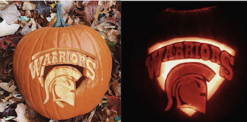 A jack-o'lantern with the Waterloo Warriors logo carved into it in daytime and at night.