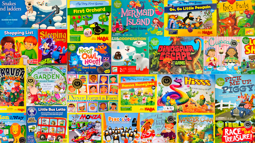 A collage of board games aimed at children.