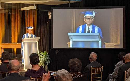 President Vivek Goel delivers his installation address on stage in Engineering 7.
