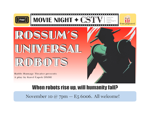 Rossum's Universal Robots poster featuring a stylized image of a robot.