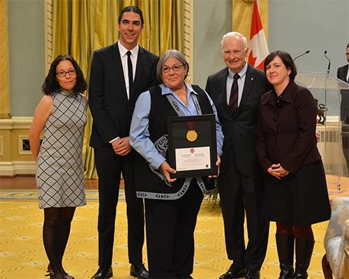 Viviane Gosselin, MOV, Jordan Wilson, Musqueam First Nation and MoA, Leona Sparrow, Musqueam First Nation, Governor General of Canada David Johnston, and Susan Roy.