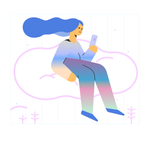 An illustration of a woman sitting atop a cloud while reading a smartphone.