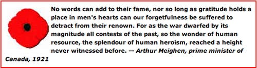 A Remembrance Day poppy and quote from former Prime Minister Arthur Meighen.