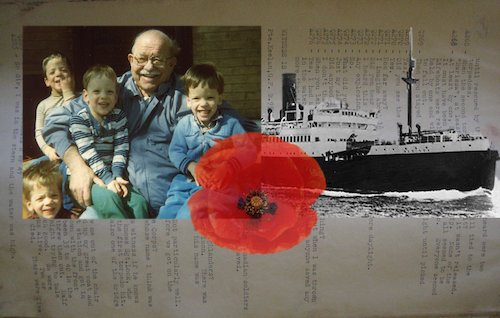 A collage of images including a family photo, poppy, and black and white photo of a steamship.