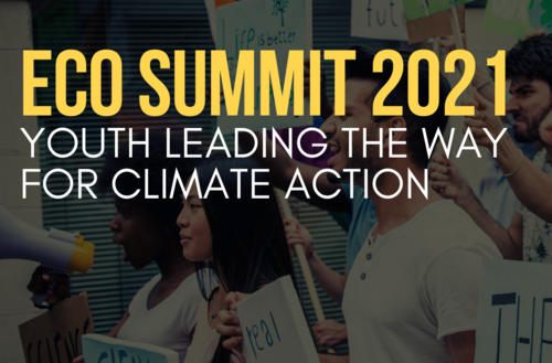 Eco Summit 2021 banner showing young people at a climate protest.