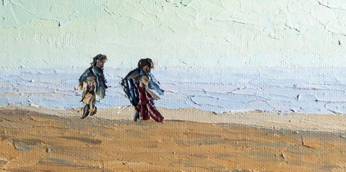 A painting by Helen Hoy showing two figures walking along a beach.