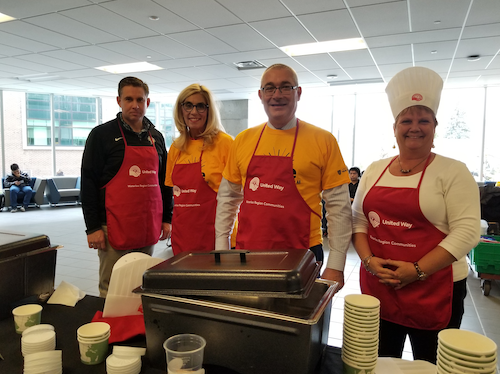 Campus celebrity chefs and United Way WRC CEO serving up soup for United Way.