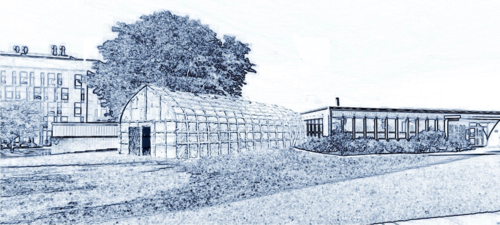 A rendering of a traditional longhouse attached to a modern building.