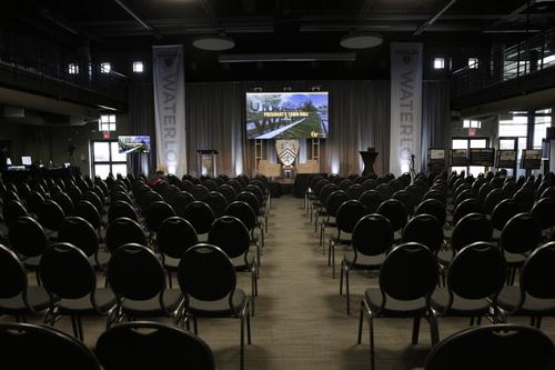Fed Hall's main room set up for the President's Town Hall Meeting.