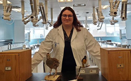 : A female student in a white coat stands behind a counter on which stand two stuffed birds