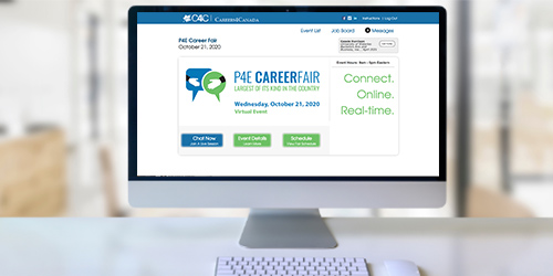 A computer screen with the P4E career fair website on it.