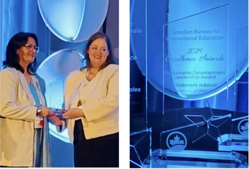 Shabnam Ivković receives the award at the CBIE conference, and a close-up of the award.