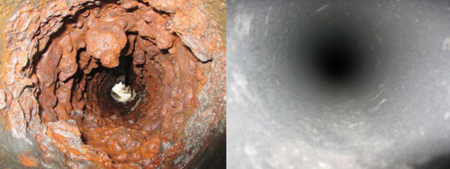 On the left, a badly corroded water pipe, and on the right, a cleaned-out pipe.