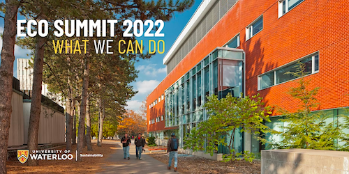 Eco Summit banner showing students walking between campus buildings.