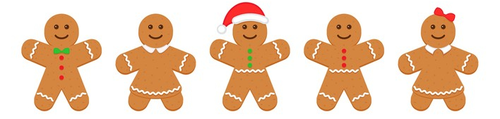 A row of 5 Gingerbread Men cookies with decorations including Santa hats.