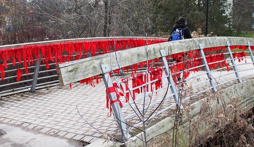 The Bridge over Laurel Creek, tied with red fabric as a gesture to name and remember the 4,000+ missing and murdered Indigenous women, girls, and Two Spirit people in Canada.