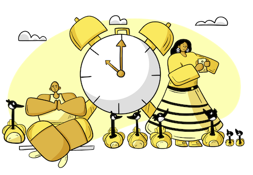 An illustration of two people waiting next to a giant alarm clock with Canada Geese sitting nearby.