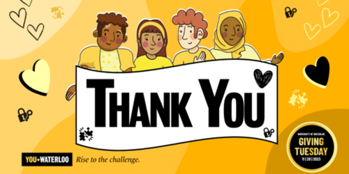 Giving Tuesday thank-you banner featuring cartoon people holding up a sign that says &quot;thank you.&quot;