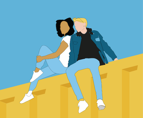 A graphic of two people sitting atop a wall.