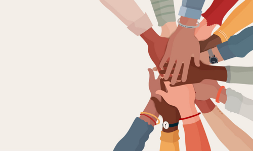 An illustration of diverse hands coming in for a group cheer.