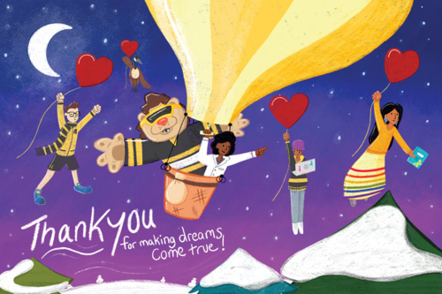 A thank-you grpahic with King Warrior and others in a hot air balloon.