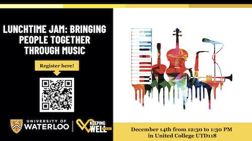 Banner image for Lunchtime Jam showing stylized images of a variety of musical instruments.
