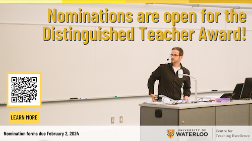 Distinguished Teaching Award banner featuring an instructor wearing a headset.
