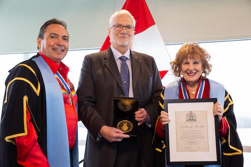 Chief Perry Bellegarde, S.O.M. Honorary President of the Royal Canadian Geographic Society, Distinguished Professor Emeritus Ellsworth LeDrew, and the Hon. Lois Mitchell, C.M. A.O.E, President of the Royal Canadian Geographic Society.