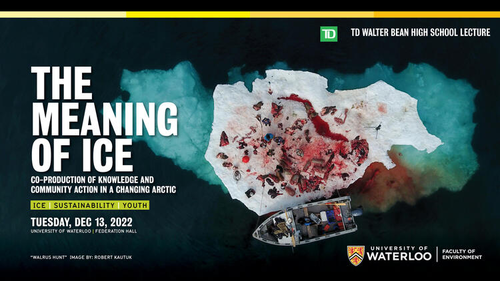 The Meaning of Ice event banner featuring an overhead photo of seals being skinned on an ice floe.