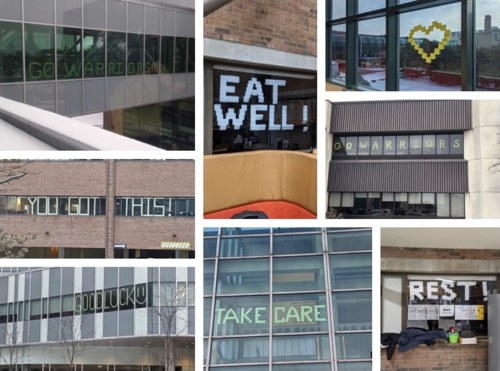 A collages of office windows that feature messages of support to exam-writing students.