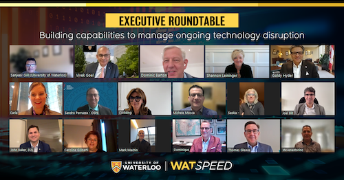 A screenshot of a WatSPEED group call with University and business leaders.